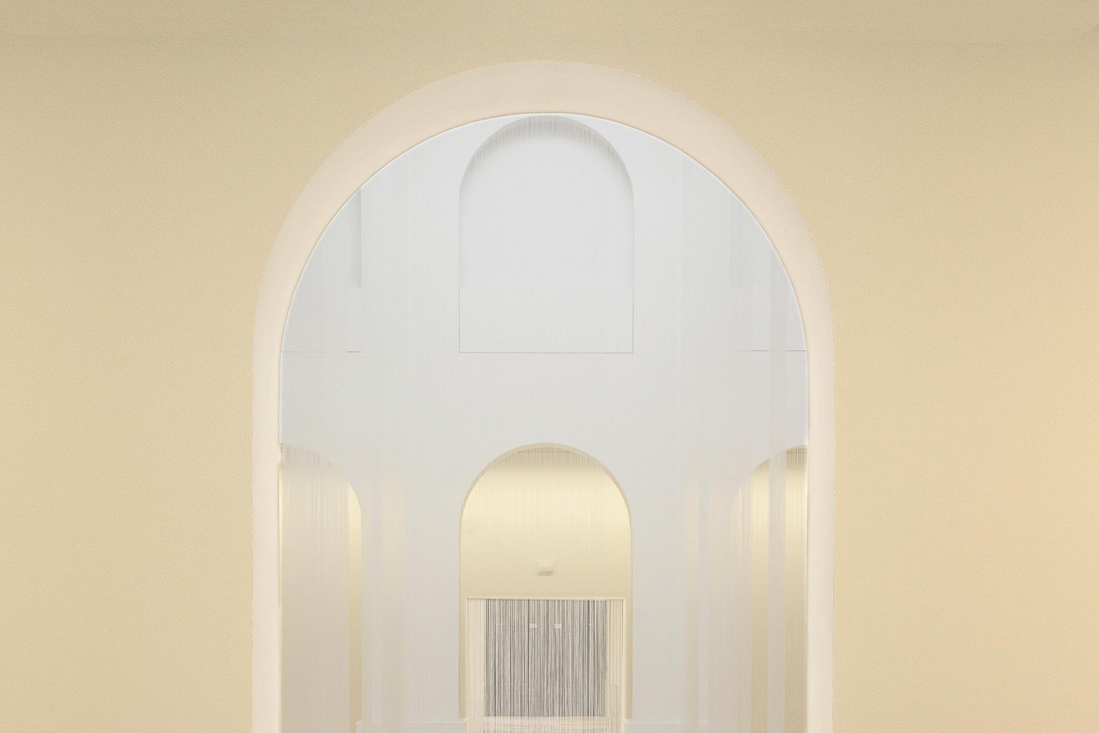 Sequence of cream arched plaster openings with sheer hanging curtains in warm light — MarkOn® Walls finish library